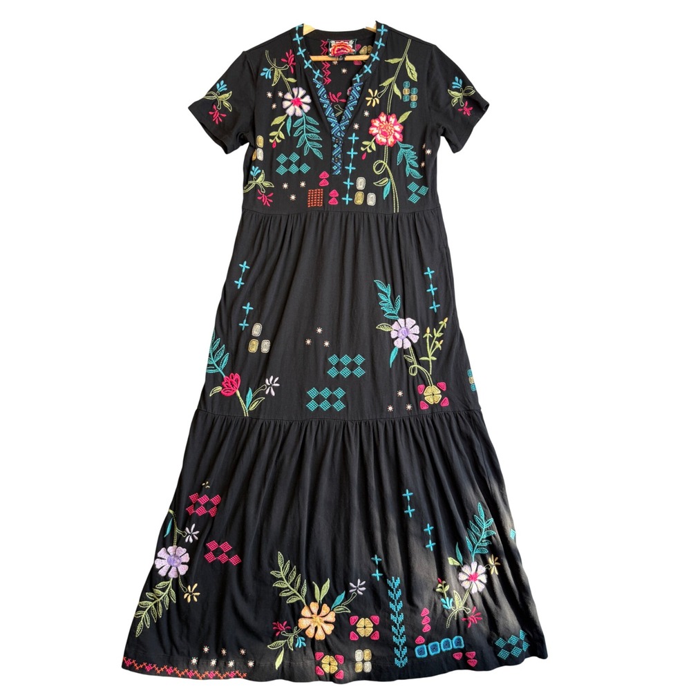Johnny Was Katie Henley Tiered Knit Dress XS Black Embroidered Floral Cotton EUC